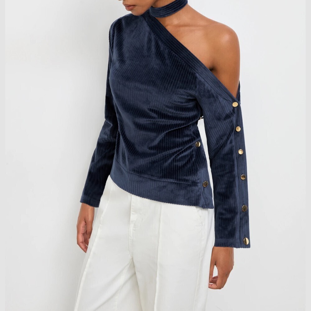 Navy Ribbed Velvet Asymmetric One Shoulder Snap Button Top